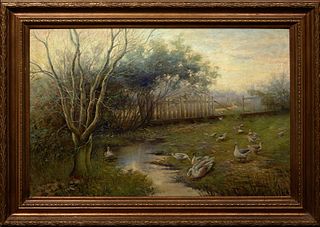 Chinese School, "Geese at the Meadow," 20th c., oil on canvas, signed "Jasmin" lower left, presented in a gilt frame, H.- 23 1/2 in., W.- 35 1/2 in., 