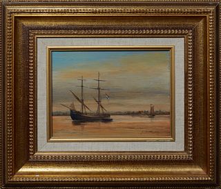 J.H. Hertog, "Dutch Harbor Scene," 20th c., oil on board, signed lower right, presented in a gilt frame, H.- 6 3/4 in., W.- 9 1/4 in., Framed H.- 14 7