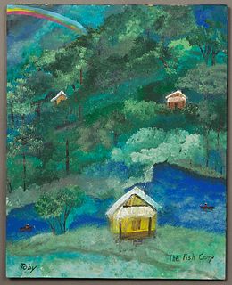 Toby Hollinghead (1953-, Alabama), "The Fish Camp," 20th c., oil on canvas, signed lower left and titled lower right, unframed, H.- 20 in., W.- 16 in.