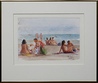 Tony Green (1954-, Louisiana/Italy), "People at the Beach," 1984, watercolor on paper, signed and dated lower right, presented in a gold metallic fram