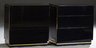 Pair of Black Lacquer Two Drawer Nightstands, 20th c., by Via Veneto, Bridgeford, on plinth bases, the sides with brass edges, H.- 24 1/4 in., W.- 24 