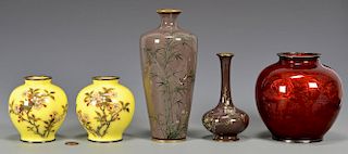 5 Asian Cloisonne Enameled Vases