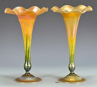2 Tiffany Favrile Scalloped Trumpet Vases