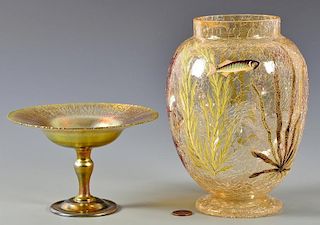 Tiffany Favrile Compote & Crackled Art Glass Vase