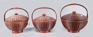 Group of Four Chinese Wicker & Bamboo Objects