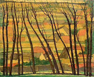 Henri Burkhard oil landscape, village through trees
