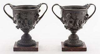 Grand Tour Bronze Vases On Marble Stands, Pair