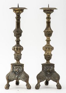 Baroque Manner Cast Iron Candlesticks, Pair