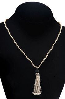 14K Onyx Seed Pearl Tassel On Faux Pearl Necklace