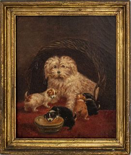 19th C. Hungry Puppies Oil on Canvas