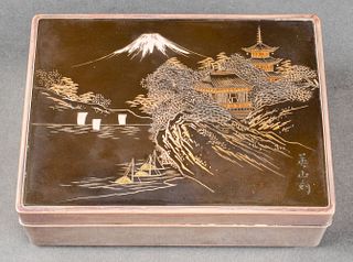 Japanese Hardwood & Silver Mount Fuji Dresser Box