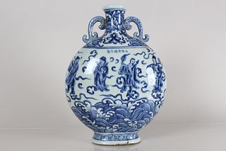 A Chinese Duo-handled Detailed Ancient-framing Blue and White Porcelain Fortune Vase 
