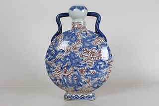 A Chinese Duo-handled Ancient-framing Detailed Blue and White Porcelain Fortune Vase 