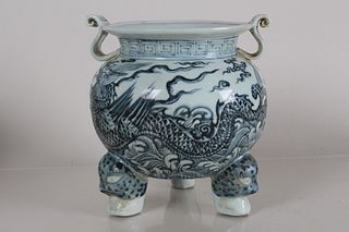 A Chinese Tri-podded Ancient-framing Blue and White Porcelain Fortune Censer 