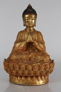 A Chinese Detailed Gilt Religious Fortune Buddha Statue 