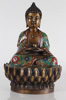 A Chinese Lotus-seated Cloisonne Religious Fortune Buddha Statue 