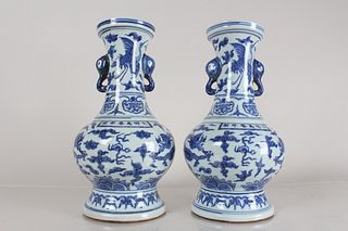 Collection of Chinese Blue and White Duo-handled Porcelain Fortune Vases
