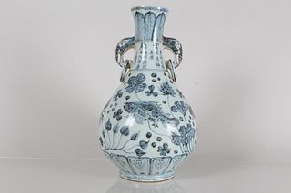 A Chinese Duo-handled Aqua-theme Blue and White Porcelain Fortune Vase 