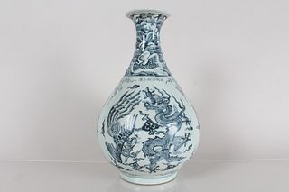 A Chinese Detailed Dragon-phoenix Blue and White Porcelain Fortune Vase 