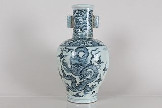 A Chinese Duo-handled Detailed Dragon-decorating Porcelain Fortune Vase 