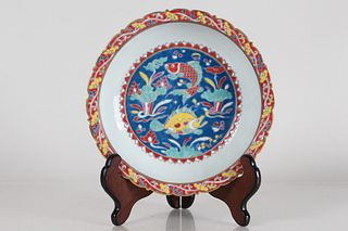 A Chinese Ancient-framing Aqua-theme Porcelain Fortune Plate