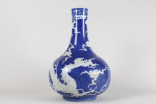 Chinese Blue-coding Dragon-decorating Fortune Porcelain Vase 