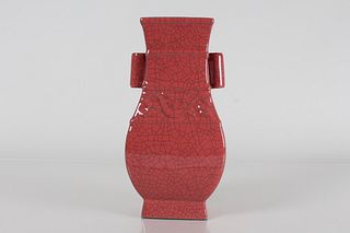 A Chinese Duo-handled Red-coding Crackglaze Porcelain Fortune Vase 