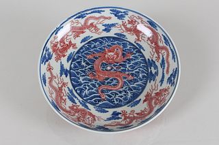 A Chinese Blue and White Detailed Dragon-decorating Porcelain Fortune Plate