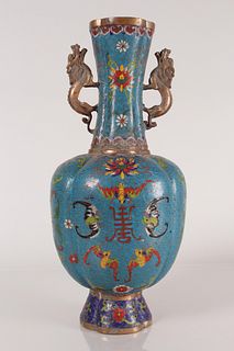 A Chinese Duo-handled Bat-framing Cloisonne Fortune Vase 