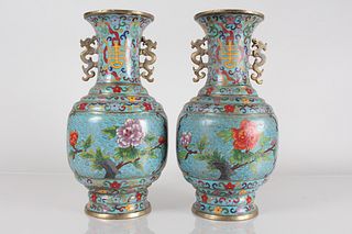 Pair of Chinese Duo-handled Cloisonne Fortune Vases