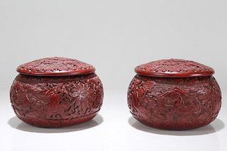 Pair of Chinese Lidded Story-telling Lacquer Chest Boxes