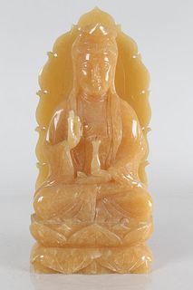 A Chinese Guanyin Fortune Yellow Jade-curving Buddha Statue 