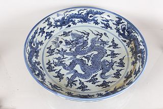 A Chinese Dragon-decorating Massive Blue and White Porcelain Fortune Plate