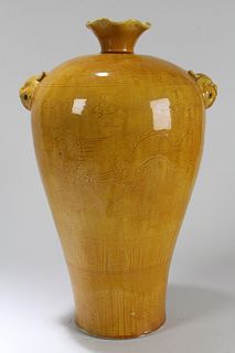 A Chinese Duo-handled Ancient-framing Yellow Fortune Porcelain Vase 