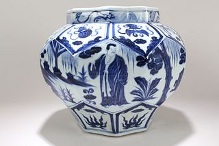 A Chinese Story-telling Octa-fortune Blue and White Porcelain Vase 