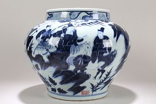A Chinese Story-telling Detailed Blue and White Porcelain Fortune Vase 