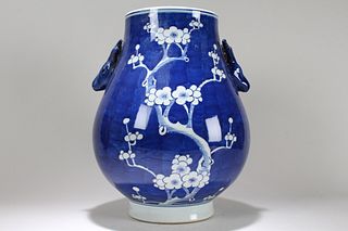 A Chinese Duo-handled Blue-coding Nature-sceen Fortune Porcelain Vase 