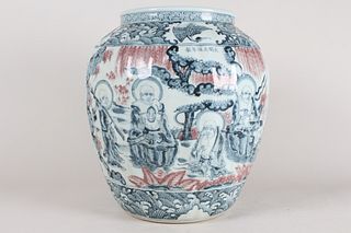 A Chinese Detailed Story-telling Blue and White Fortune Porcelain Vase 