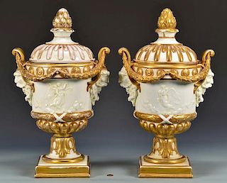Large Pair Naples Porcelain Covered Urns