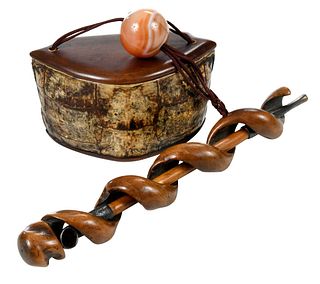 Carved Wood Pipe and Holder with Turtle Shell Snuff Box
