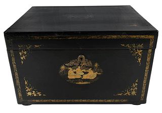 Chinese Export Black Lacquer and Gilt Decorated Tea Box