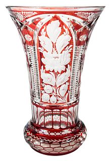 Bohemian Cranberry Etched and Cut to Clear Crystal Vase