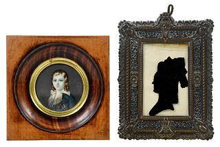 Framed Portrait Miniature and Mourning Silhouette 