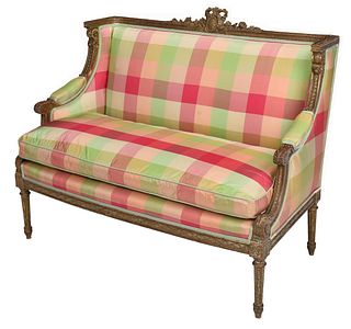 Louis XVI Style Carved, Gilt, and Upholstered Settee