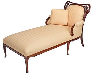 French Art Nouveau Carved Mahogany Upholstered Chaise