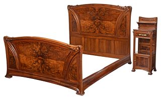 Louis Majorelle Walnut Bed and Marble Night Table