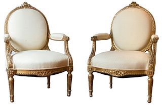 French Louis XVI Style Giltwood Fauteuils, Pair
