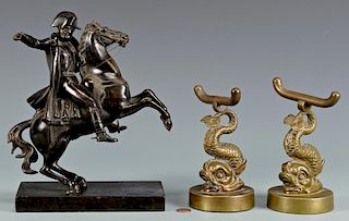 Bronze Napoleon Sculpture on Horseback & Bronze Dolphin Holders