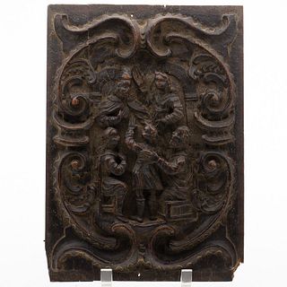 4419862: English Renaissance Oak Relief Panel, Disputation, 17th Century H7KBJ