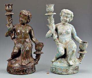Two Bronze Putti Garden Figures